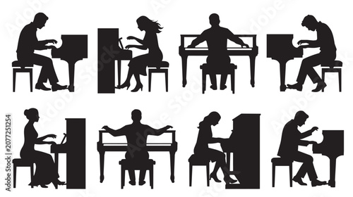 Photography Piano player silhouettes set, musicians playing grand and upright pianos, black