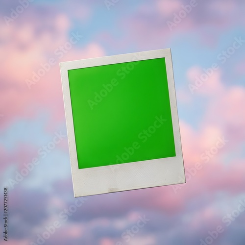 Floating instant film frame with green screen on sky background
