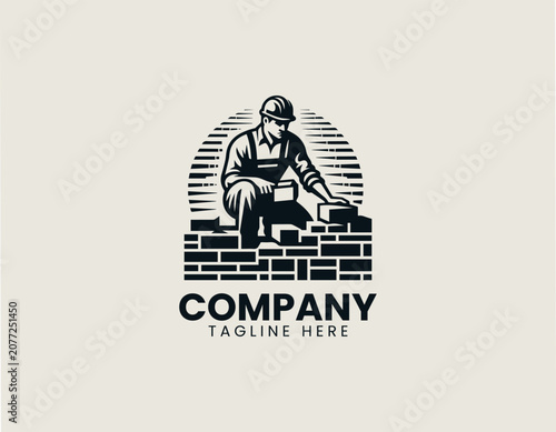 Construction worker laying bricks black vector logo illustration style