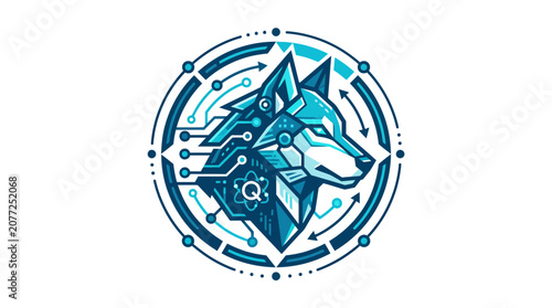 Schilderij op canvas Stylized wolf head circuit board logo in circular network