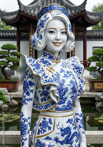 Statue of young Chinese woman made from blue and white China in a China garden, a real China girl.