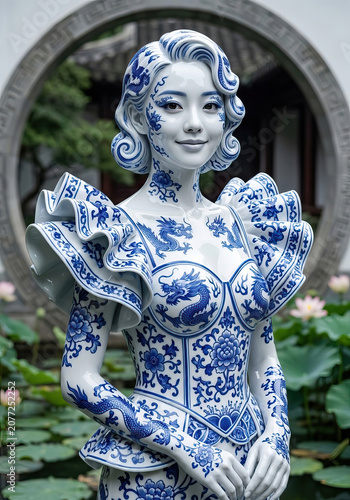 Statue of young Chinese woman made from blue and white China in a China garden, a real China girl.
