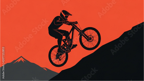 Photos Mountain biker performs aerial stunt on rugged terrain at sunset