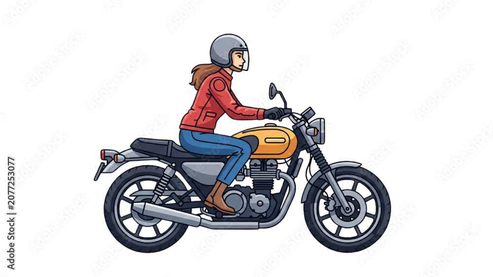 Obraz premium A woman rides motorcycle wearing helmet and jacket on road