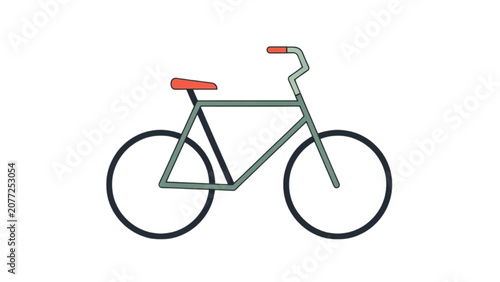 Foto A green bicycle with red seat and handlebars is shown