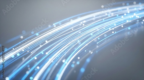 Abstract glowing blue and white fiber optic strands on a gray background