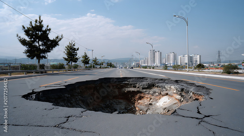damaged road infrastructure showing collapsed asphalt hole on rural highway street
