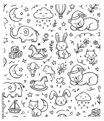 Cuadro en lienzo Cute doodle vector illustrations of animals nursery style background line art