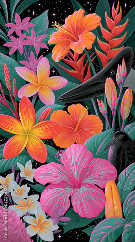 Vibrant tropical floral illustration with hibiscus and exotic bird