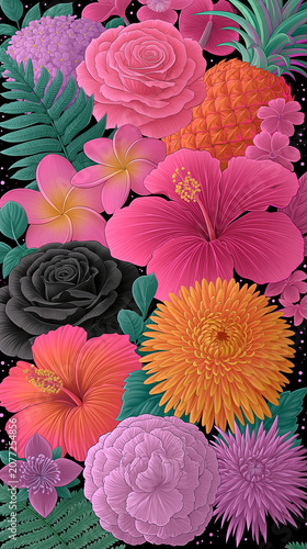 Floral pattern of pink hibiscus and orange marigold on black background