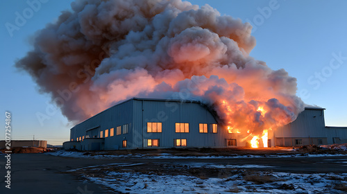 dramatic industrial fire explosion with dark smoke cloud over factory building
