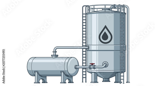 Фотография An industrial setup with a large cylindrical storage tank and a smaller tank con