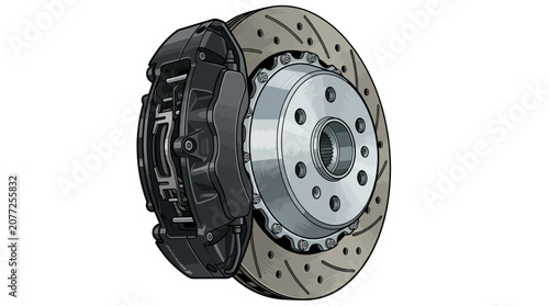 Fotografija A detailed illustration of a car's brake disc and caliper assembly