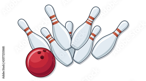 Fotografija A red bowling ball knocks down several white pins in a recreational game setting
