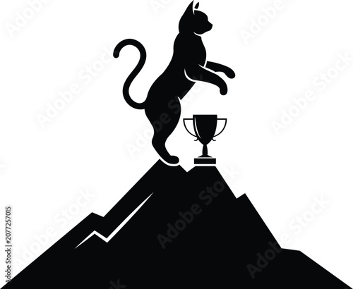 Fotografi Black silhouette of a cat reaching for a champion trophy on a mountain peak with