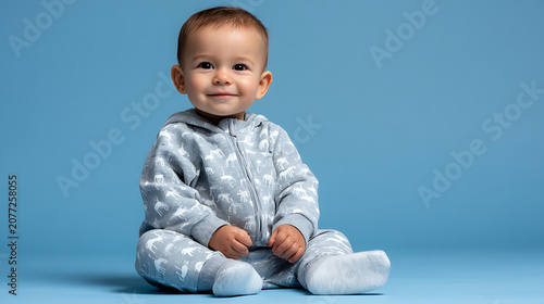 cute infant boy in cozy winter knitwear sitting happily on blue background with warm hat and sweater outfit