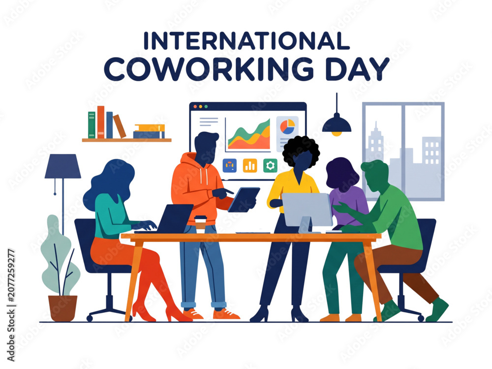 Naklejka premium Diverse Business Professionals Working Together in Modern Shared Workspace for International Coworking Day Transparent Background Vector Illustration