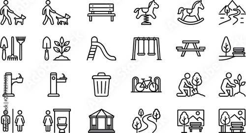 Bild auf Leinwand City park recreation line icon set with playground equipment, gardening and land