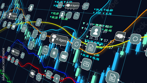 AI agent artificial intelligence stock market analysis smart trading strategy, financial investment, business growth portfolio, and futuristic automated economic concept