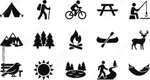 Outdoor camping and hiking silhouette icon set, wilderness adventure nature recreation symbols vector illustration