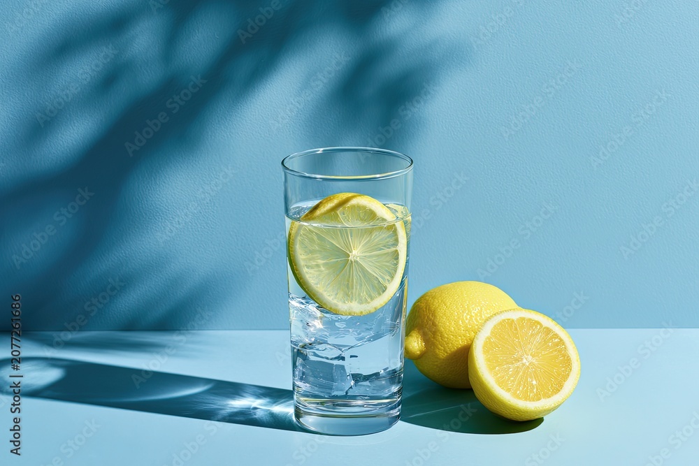 Fototapeta premium Refreshing Glass of Water with Lemon Slices and Whole Lemons.