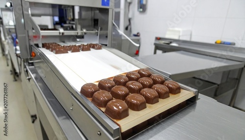 Freshly baked glazed donuts cooling on conveyor belt.