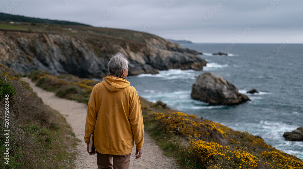 Fototapeta premium Retired teacher walking the same coastal trail route she walked thirty years ago for religious reasons, now carrying different questions, a journal tucked under her arm,