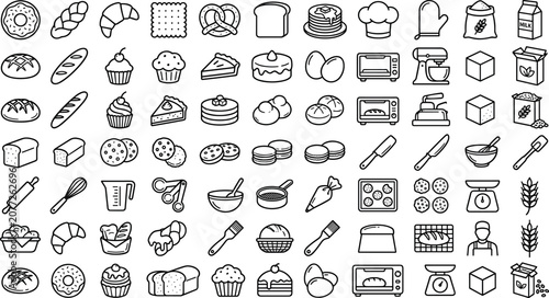 Bild auf Leinwand Bakery and pastries baking ingredients kitchen utensils line art outline icon se