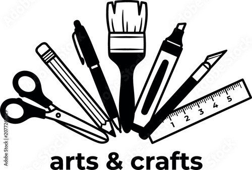Arts and Crafts Vector Design with Stationery Tools Illustration Including Scissors Paintbrush Pen Pencil and Ruler for Creative Projects School Supplies and Hobby Branding
