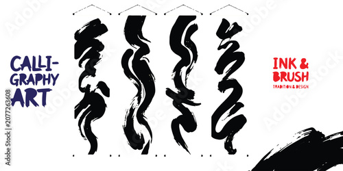 Fotografi Set of four black ink brush stroke calligraphy banners hanging vertically