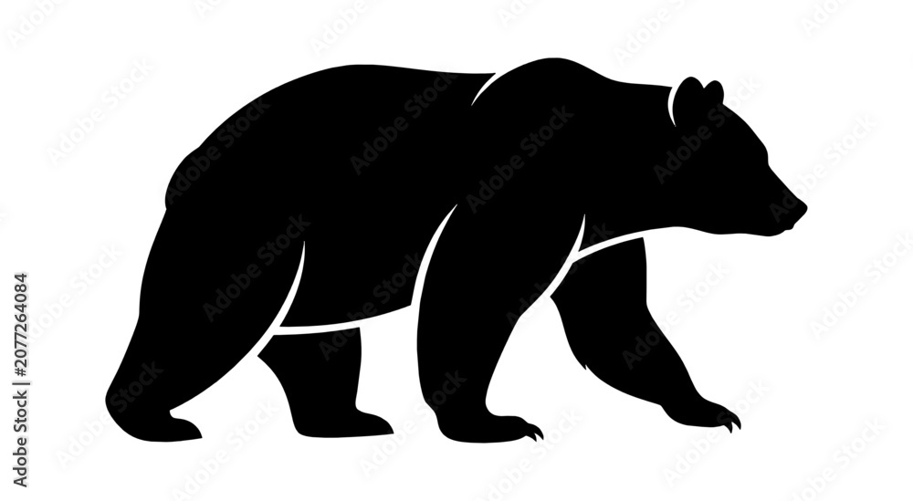 Obraz premium Black silhouette of a large grizzly bear walking side view isolated on transparent background, Vector