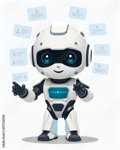 Smiling robot holding digital cards with profile icons and contact information.
