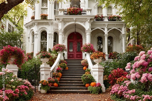 Elegant Victorian-style white mansion with vibrant flower garden and grand staircase, lush foliage, and decorative pumpkins