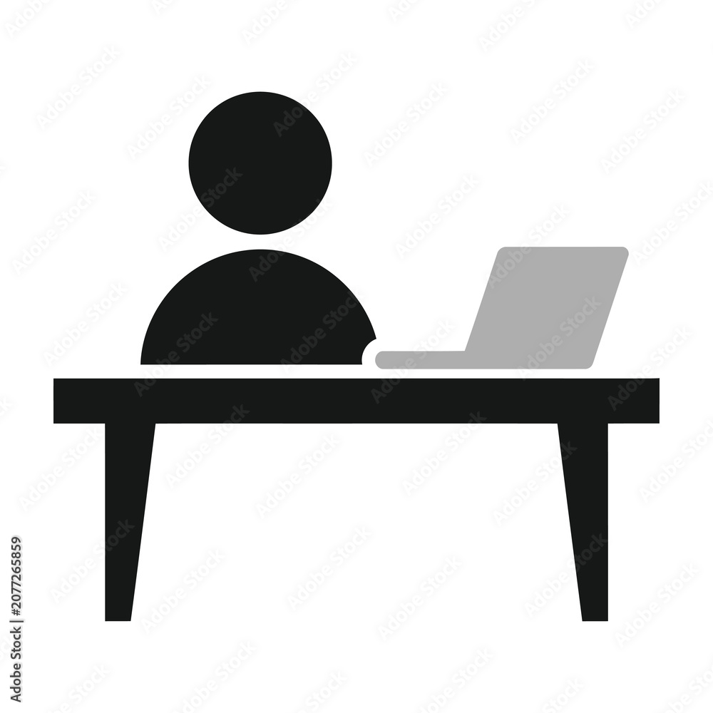 Fototapeta premium Person sitting at desk with laptop computer working indoors office setting