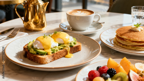 Photos Luxury Brunch Table with Avocado Toast and Eggs Benedict