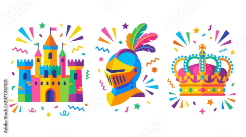 Colorful medieval castle knight helmet and royal crown set.