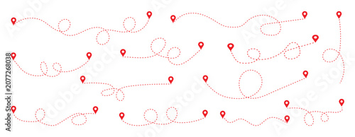 Simple route map icon with location pin. Hand drawn curve dotted line vector set. Aircraft tracking, planes, travel, map pins, location pins. 