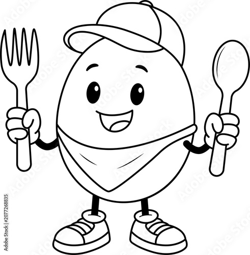 Cartoon egg holding a spoon and fork.