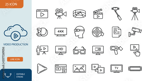 Video Production Line Icons Set 2, Media Player and Multimedia Outline Symbols. Editable stroke. Vector illustration