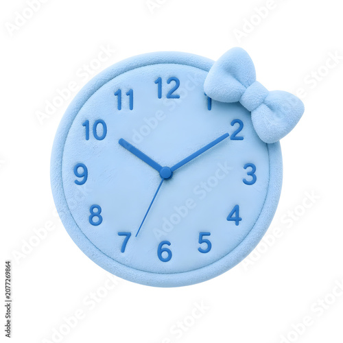 Soft light blue clock with bow on face closeup on black background clock light