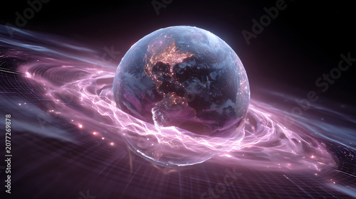 glowing purple digital globe with network connections, symbolizing global technology, worldwide data communication, business innovation and internet connectivity concept