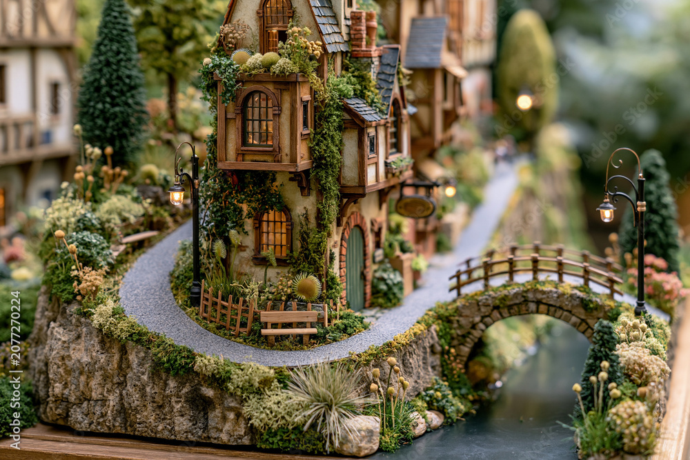 Obraz premium Miniature European village with cobblestone path stone bridge and ivy covered cottage