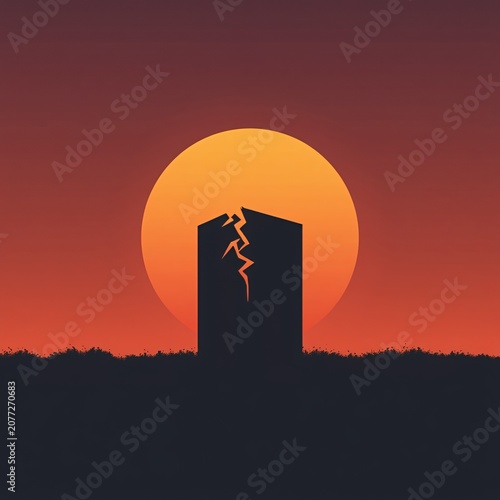 Minimalist building silhouette with cracks against a dramatic orange sunset sky, conceptual illustration, generative AI
