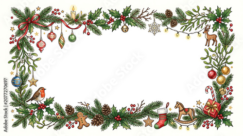 Hand drawn vintage Christmas frame illustration with fir branches ornaments and robin bird