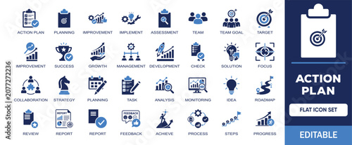 Action Plan & Business Strategy editable solid icon set. Containing improvement, process, roadmap, analysis, workflow, milestone and project management. More vector illustration icons collection.