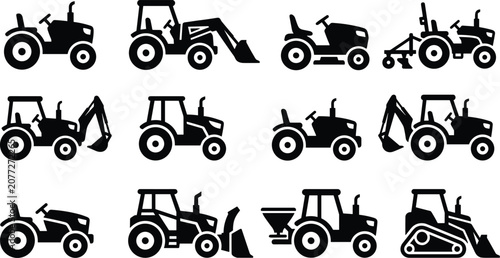 Quadro su tela Collection of tractor silhouettes in various agricultural and construction roles