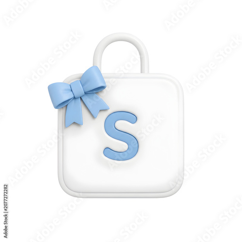 White handbag with blue bow and letter S on black background for gift or