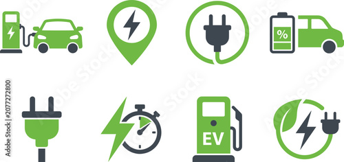 Electric vehicle charging station and eco green energy flat vector icon set containing EV transport utility components