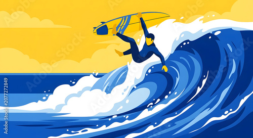 Summer surfer flat character illustrations in summer catching wave