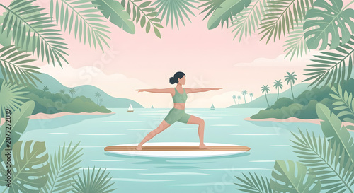 Flat character illustrations in summer woman yoga on paddleboard